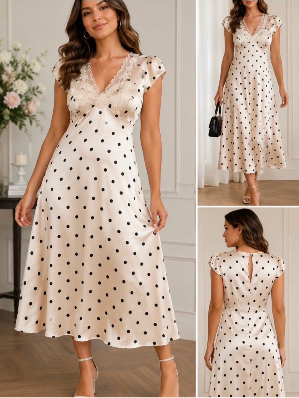 Camila Coelho Cream Midi Polka Dot Lace-Trim Dress